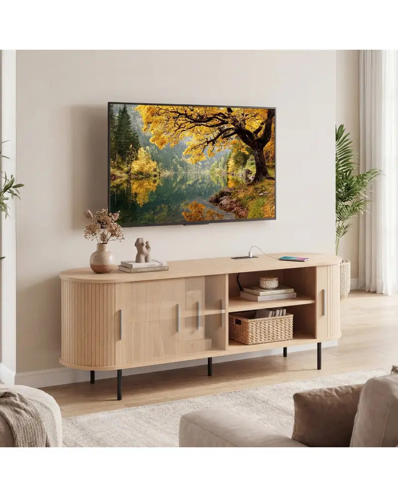 Fluted TV Stand for TVs up to 60’’ Mid Century Curved Entertainment Center-Natural - Natural - Entertainment Centers &