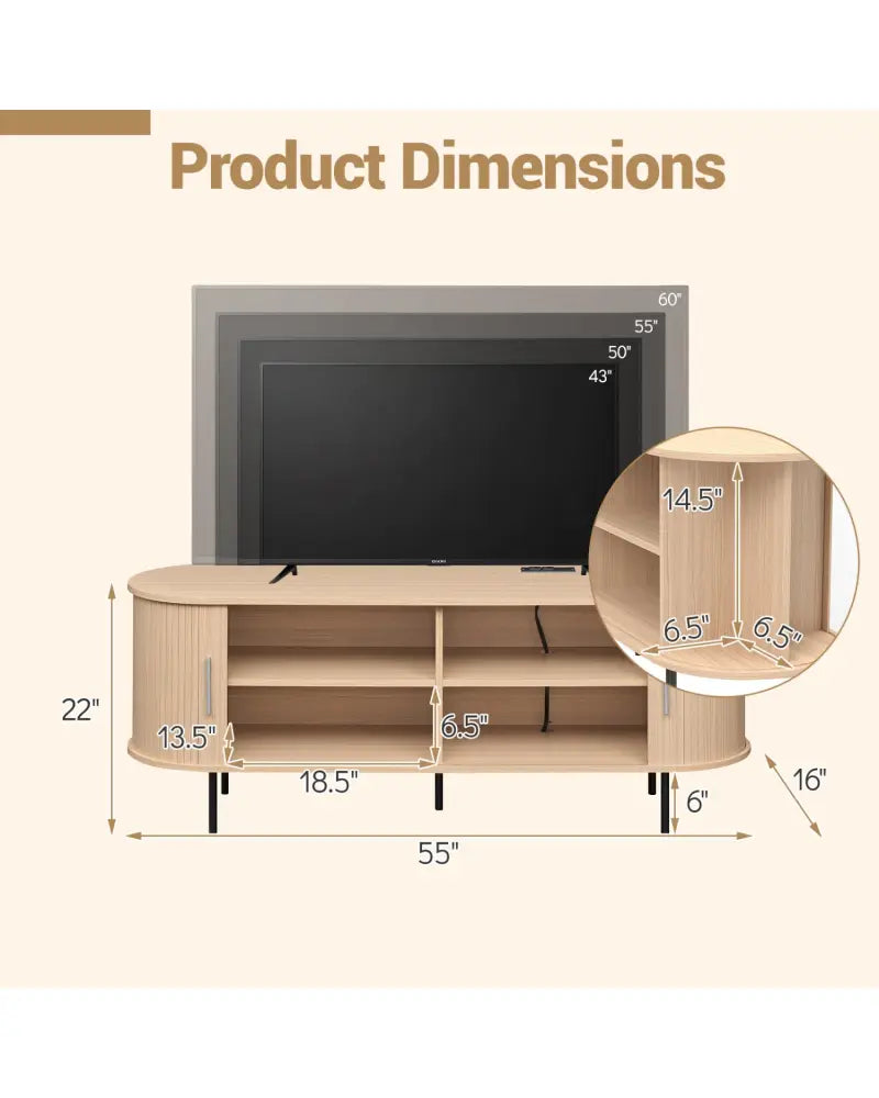 Fluted TV Stand for TVs up to 60’’ Mid Century Curved Entertainment Center-Natural - Natural - Entertainment Centers &