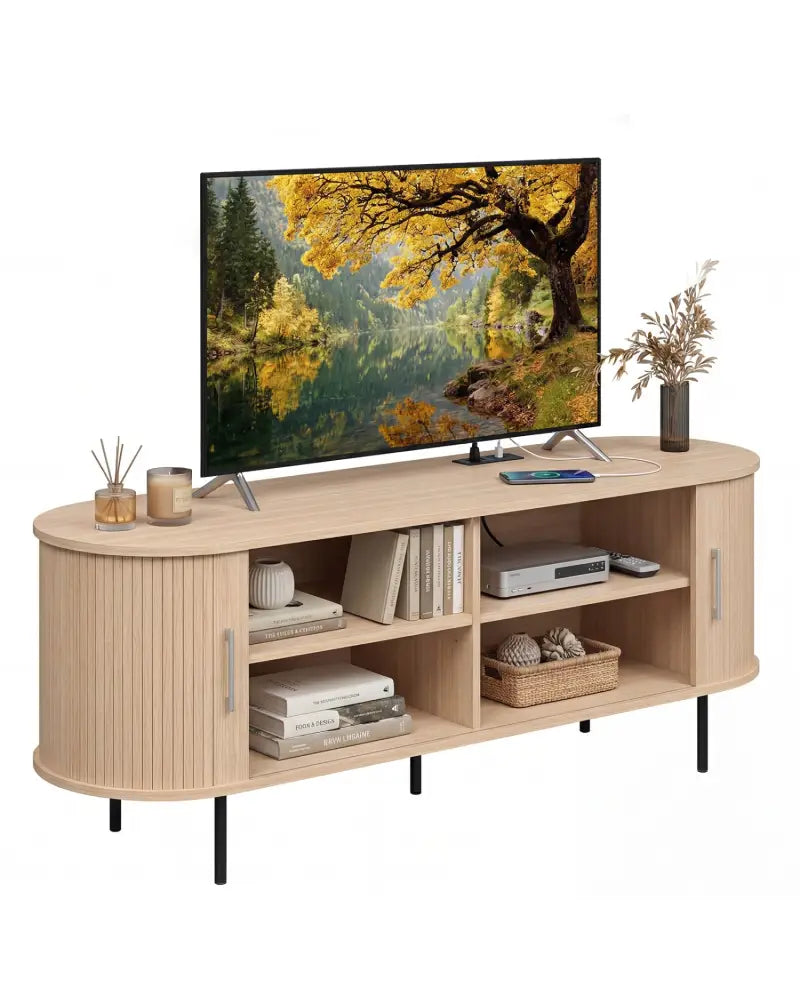 Fluted TV Stand for TVs up to 60’’ Mid Century Curved Entertainment Center-Natural - Natural - Entertainment Centers &