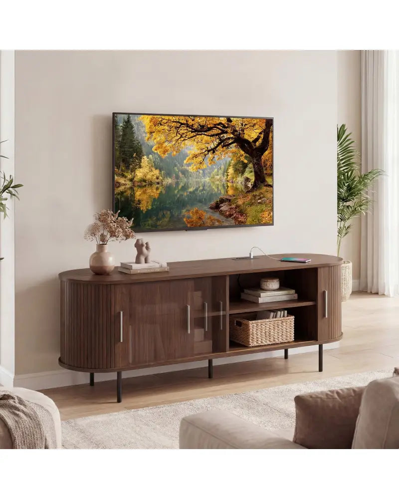 Fluted TV Stand for TVs up to 60’’ Mid Century Curved Entertainment Center-Walnut - Walnut - Entertainment Centers & TV