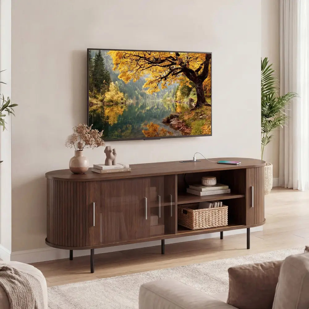 Fluted TV Stand for TVs up to 60’’ Mid Century Curved Entertainment Center-Walnut - Walnut - Entertainment Centers & TV