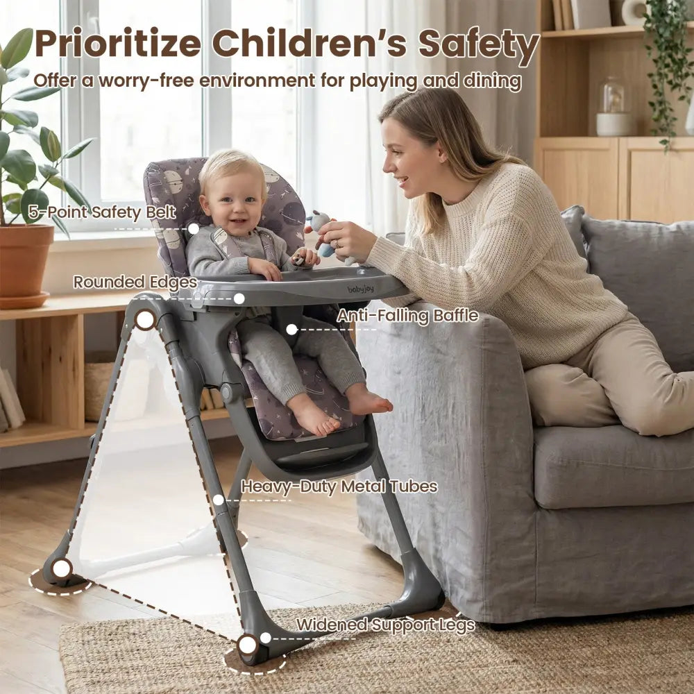 Folable High Chair with Detachable Cushion and High Chair for Babies and Toddlers-Gray - Gray - High Chairs