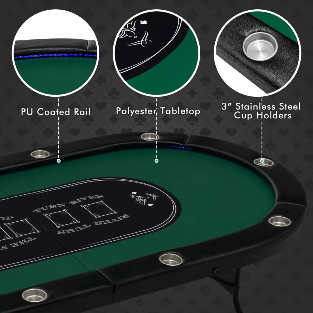 Foldable 10-Player Poker Table with LED Lights and USB Ports Ideal for Texas Casino-Green - Green - Game Room