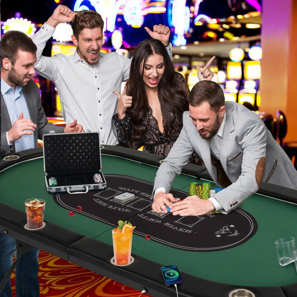 Foldable 10-Player Poker Table with LED Lights and USB Ports Ideal for Texas Casino-Green - Green - Game Room