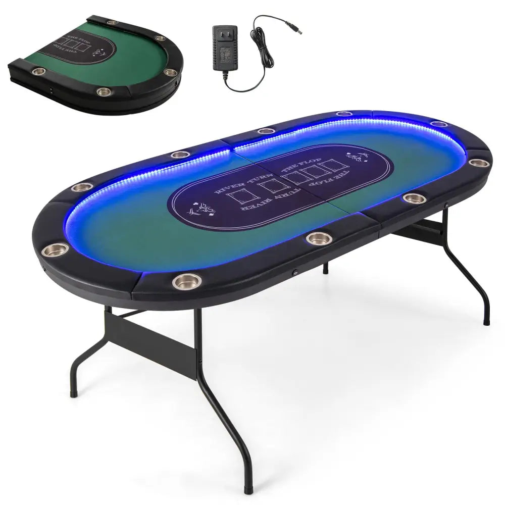 Foldable 10-Player Poker Table with LED Lights and USB Ports Ideal for Texas Casino-Green - Green - Game Room