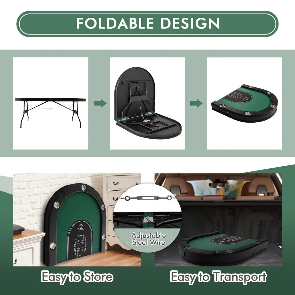 Foldable 10-Player Poker Table with LED Lights and USB Ports Ideal for Texas Casino-Green - Green - Game Room