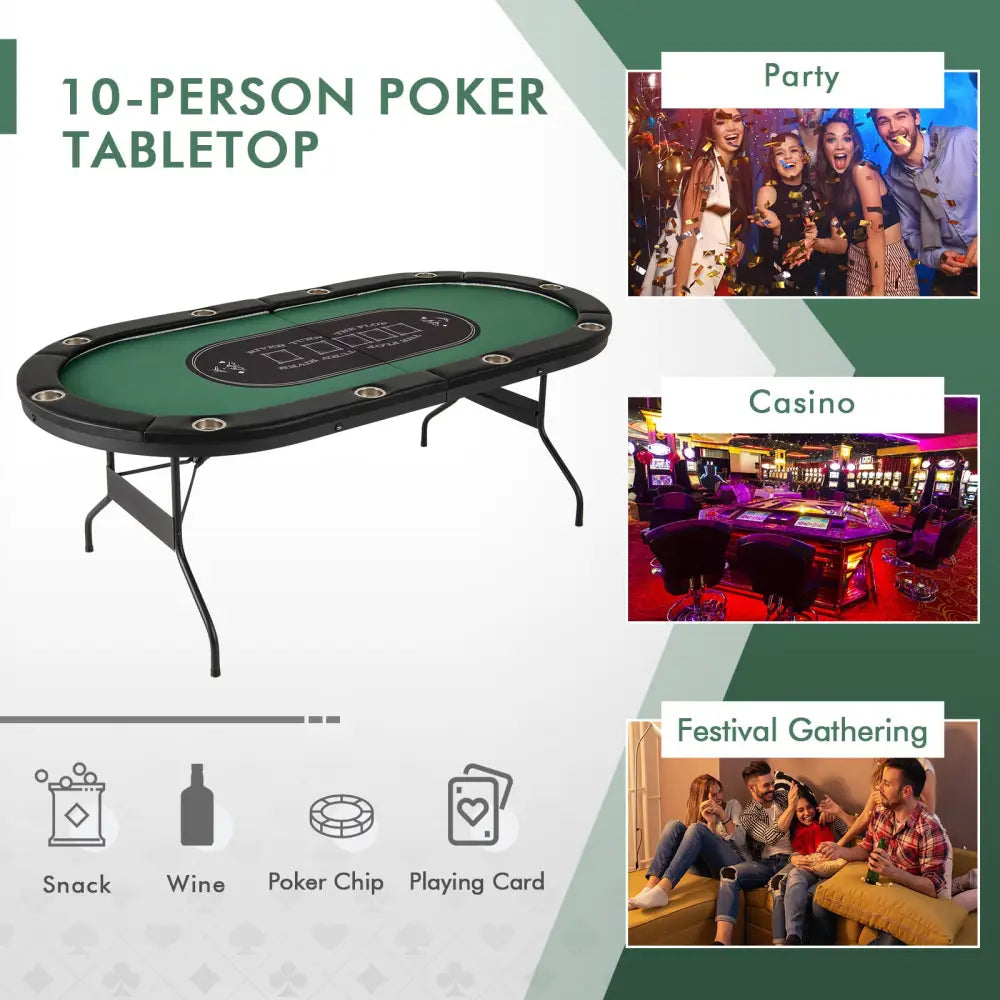 Foldable 10-Player Poker Table with LED Lights and USB Ports Ideal for Texas Casino-Green - Green - Game Room
