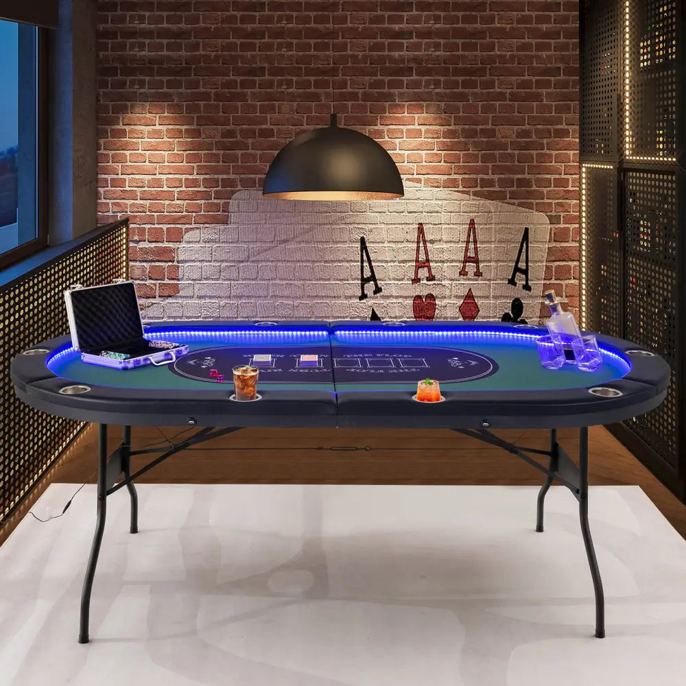 Foldable 10-Player Poker Table with LED Lights and USB Ports Ideal for Texas Casino-Green - Green - Game Room