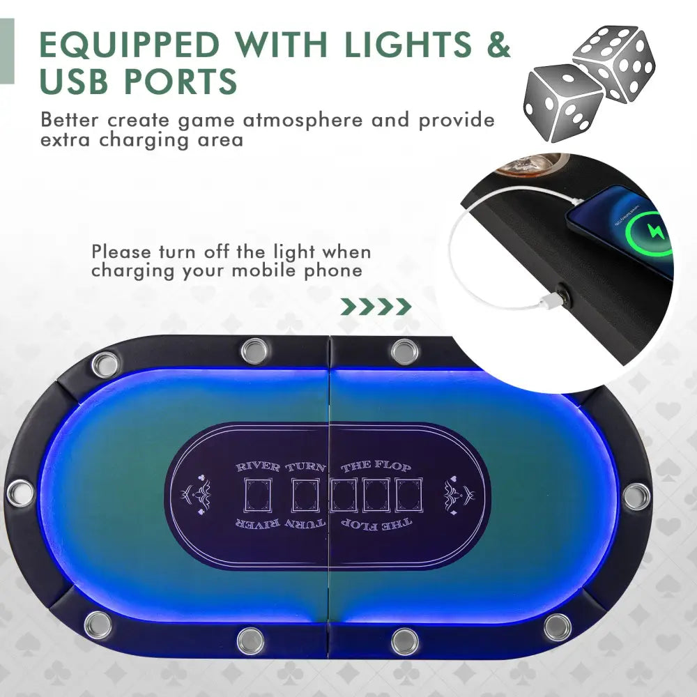 Foldable 10-Player Poker Table with LED Lights and USB Ports Ideal for Texas Casino-Green - Green - Game Room