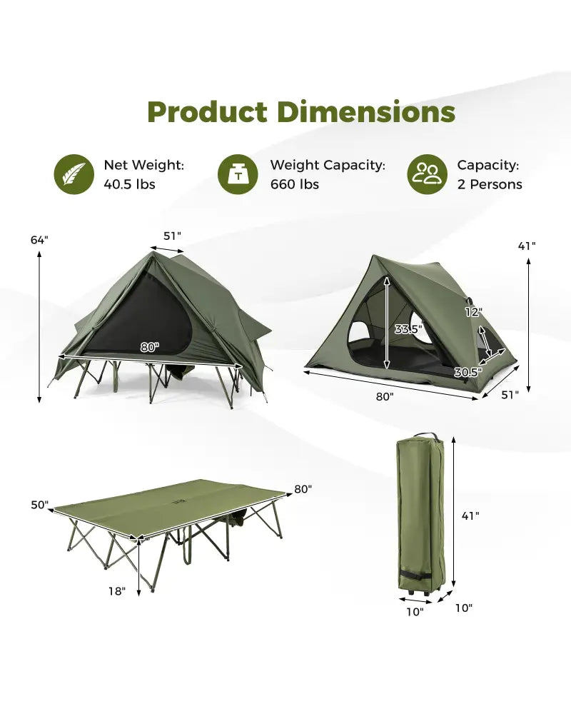 Foldable 2-Person Camping Cot Tent with Pop-up Tent Shelter and Portable Wheeled Bag-Green - Green - Tents