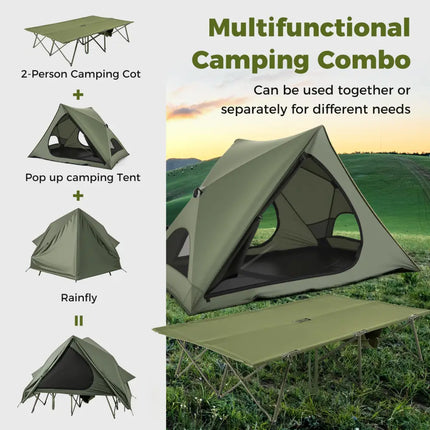 Foldable 2-Person Camping Cot Tent with Pop-up Tent Shelter and Portable Wheeled Bag-Green - Green - Tents