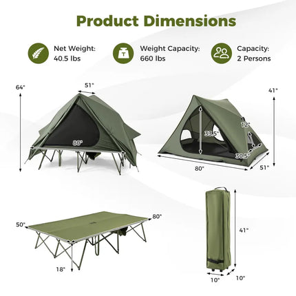 Foldable 2-Person Camping Cot Tent with Pop-up Tent Shelter and Portable Wheeled Bag-Green - Green - Tents