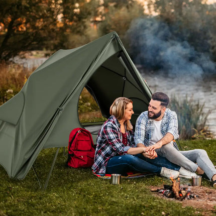Foldable 2-Person Camping Cot Tent with Pop-up Tent Shelter and Portable Wheeled Bag-Green - Green - Tents