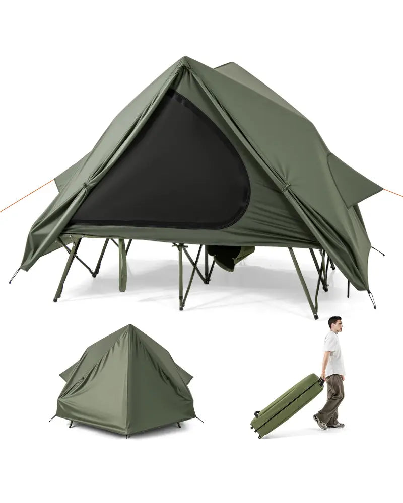 Foldable 2-Person Camping Cot Tent with Pop-up Tent Shelter and Portable Wheeled Bag-Green - Green - Tents