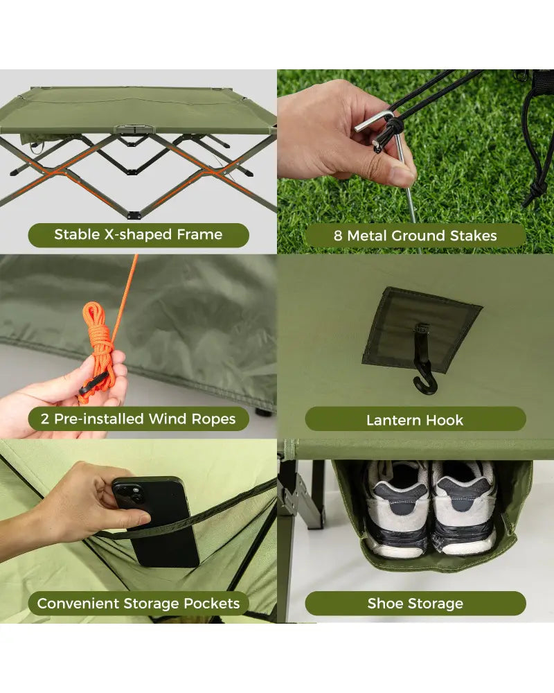 Foldable 2-Person Camping Cot Tent with Pop-up Tent Shelter and Portable Wheeled Bag-Green - Green - Tents