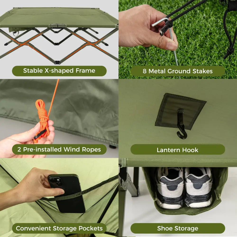 Foldable 2-Person Camping Cot Tent with Pop-up Tent Shelter and Portable Wheeled Bag-Green - Green - Tents