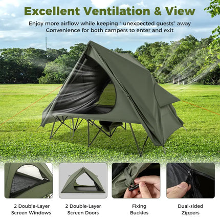 Foldable 2-Person Camping Cot Tent with Pop-up Tent Shelter and Portable Wheeled Bag-Green - Green - Tents
