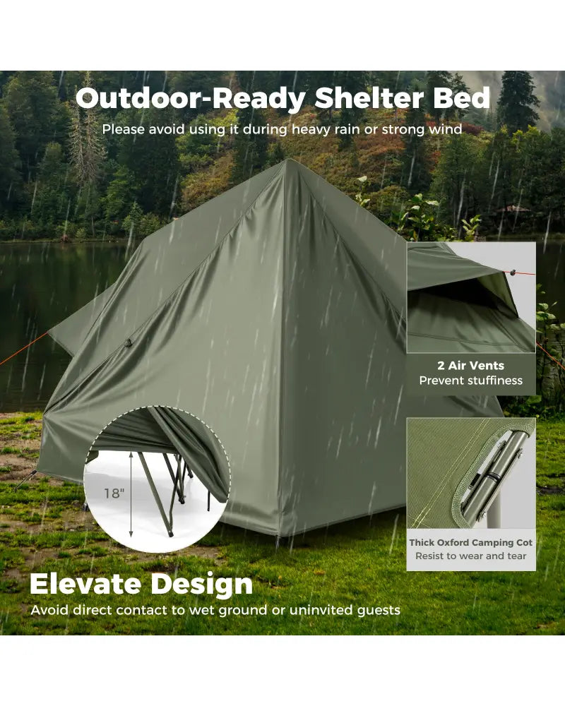 Foldable 2-Person Camping Cot Tent with Pop-up Tent Shelter and Portable Wheeled Bag-Green - Green - Tents