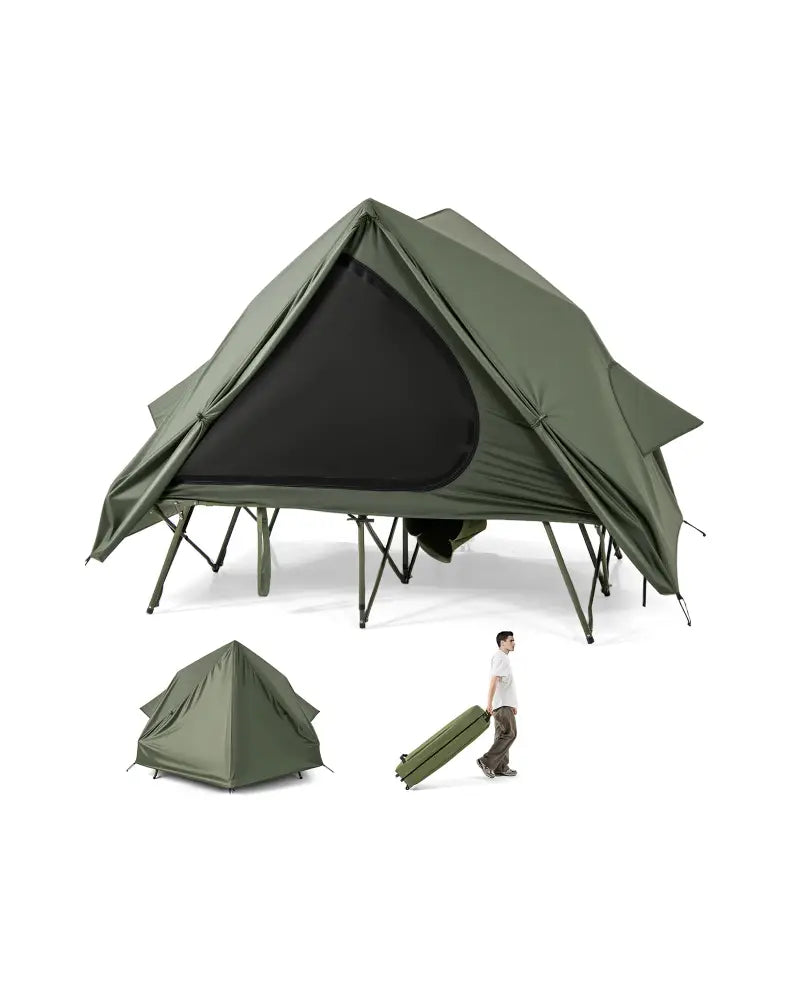 Foldable 2-Person Camping Cot Tent with Pop-up Tent Shelter and Portable Wheeled Bag-Green - Green - Tents