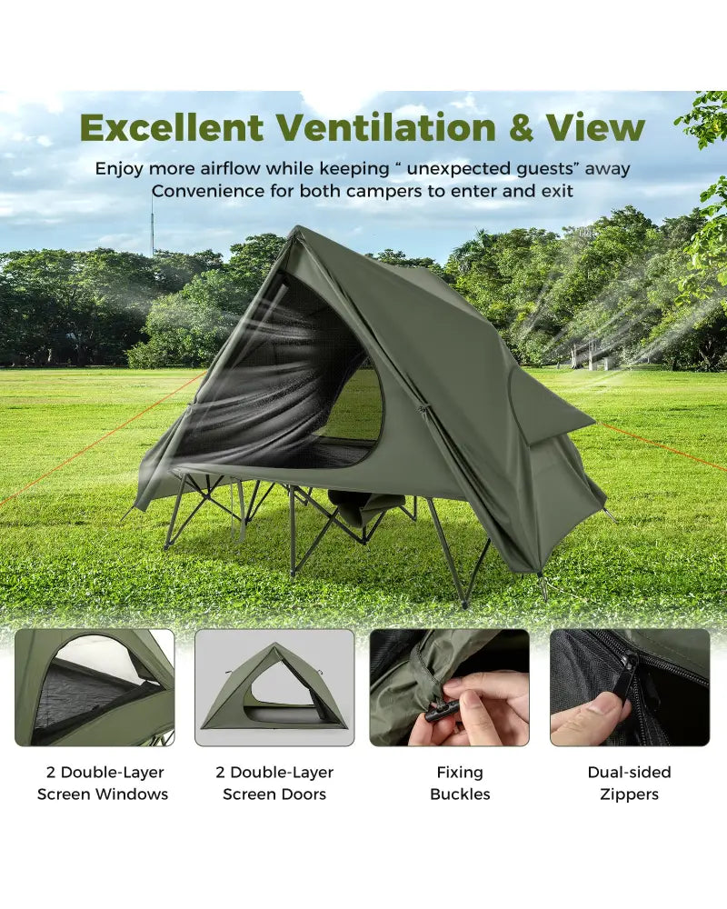 Foldable 2-Person Camping Cot Tent with Pop-up Tent Shelter and Portable Wheeled Bag-Green - Green - Tents