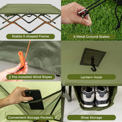 Foldable 2-Person Camping Cot Tent with Pop-up Tent Shelter and Portable Wheeled Bag-Green - Green - Tents