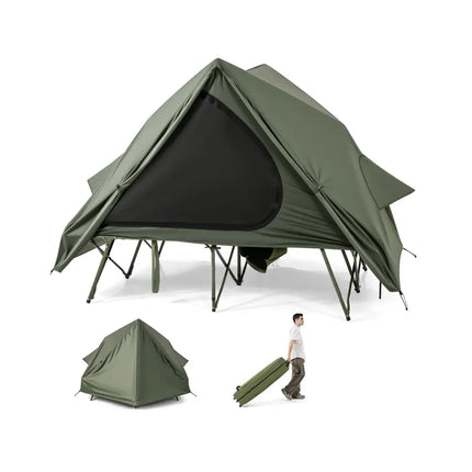 Foldable 2-Person Camping Cot Tent with Pop-up Tent Shelter and Portable Wheeled Bag-Green - Green - Tents