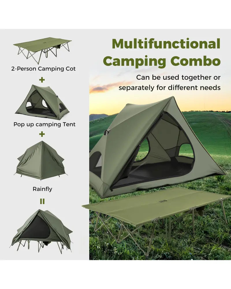 Foldable 2-Person Camping Cot Tent with Pop-up Tent Shelter and Portable Wheeled Bag-Green - Green - Tents