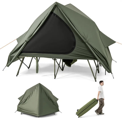 Foldable 2-Person Camping Cot Tent with Pop-up Tent Shelter and Portable Wheeled Bag-Green - Green - Tents