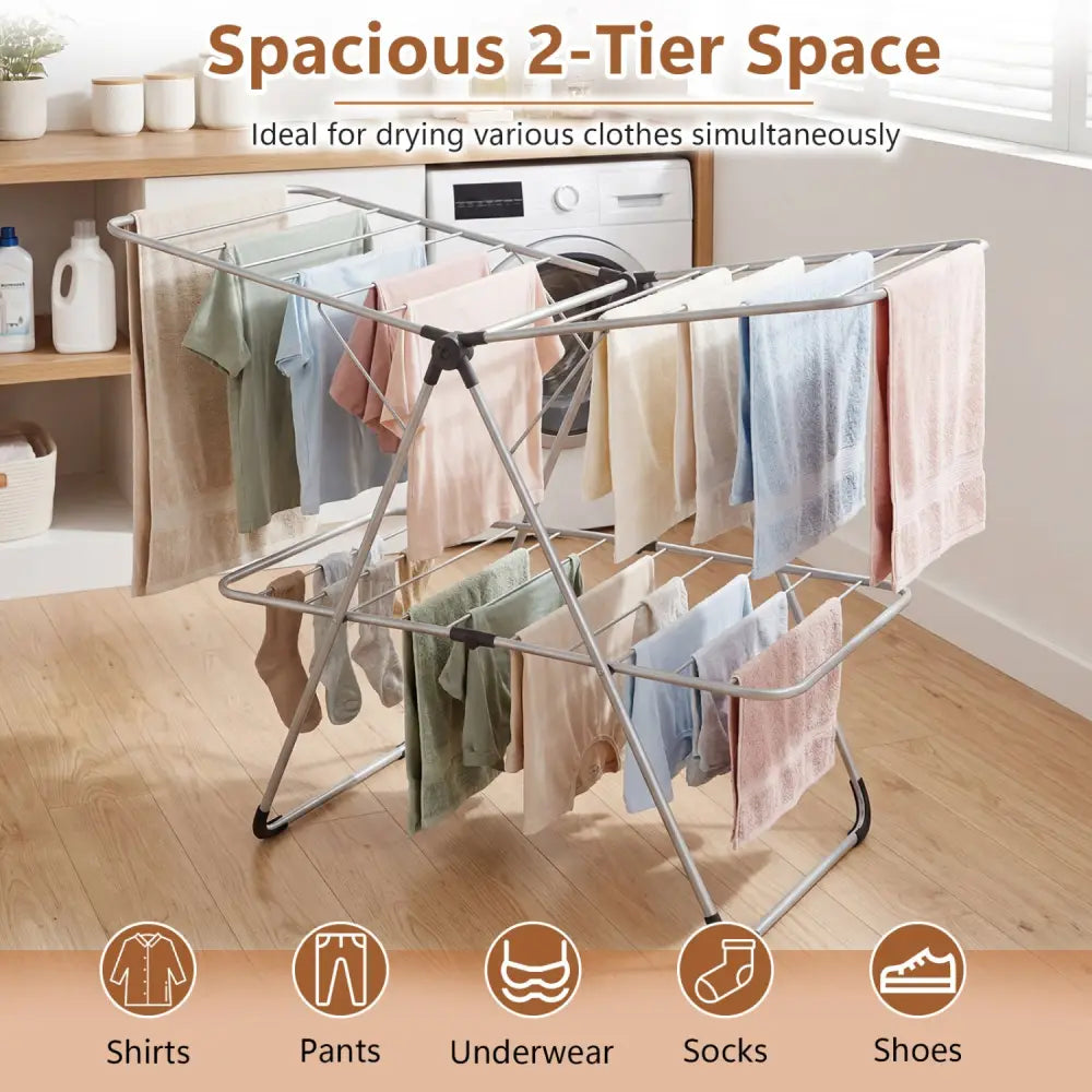 Foldable 2-Tier Clothes Drying Rack Heavy-Duty Aluminum Stainless Steel Laundry Airer - Drying Racks