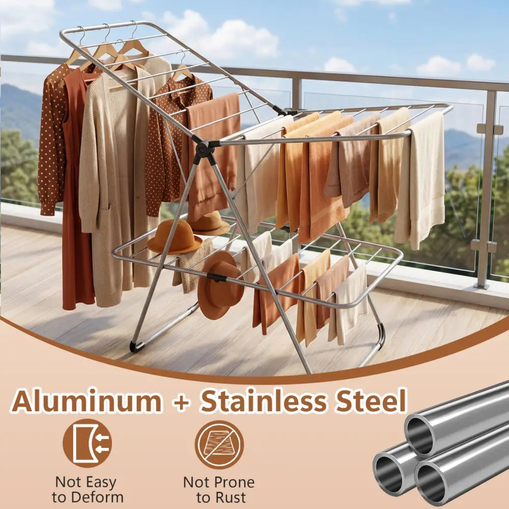 Foldable 2-Tier Clothes Drying Rack Heavy-Duty Aluminum Stainless Steel Laundry Airer - Drying Racks