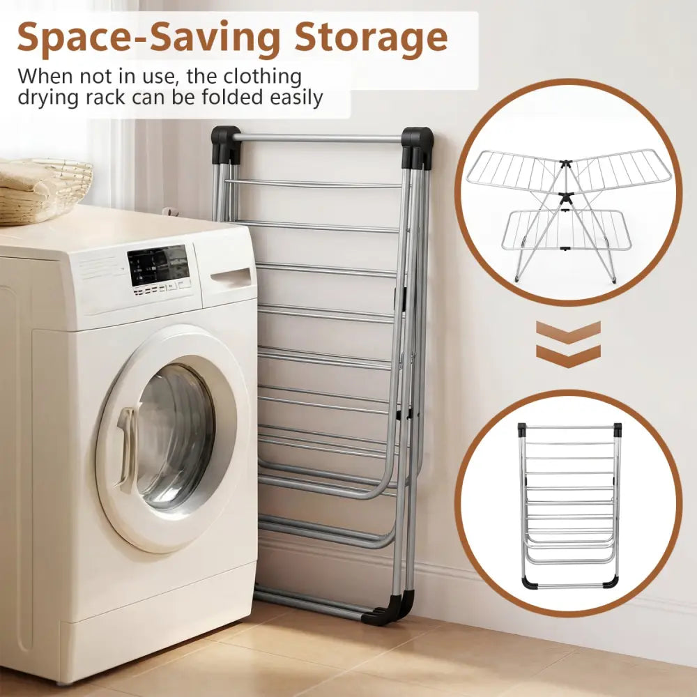 Foldable 2-Tier Clothes Drying Rack Heavy-Duty Aluminum Stainless Steel Laundry Airer - Drying Racks