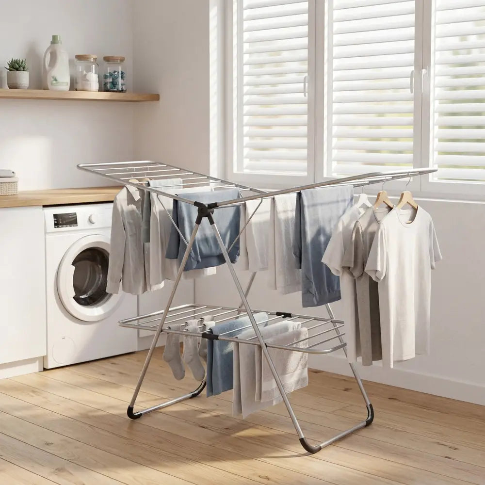 Foldable 2-Tier Clothes Drying Rack Heavy-Duty Aluminum Stainless Steel Laundry Airer - Drying Racks