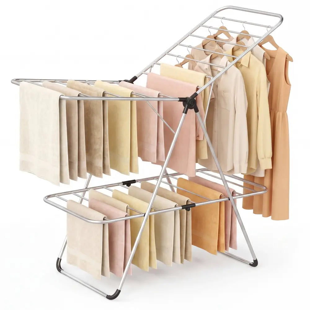 Foldable 2-Tier Clothes Drying Rack Heavy-Duty Aluminum Stainless Steel Laundry Airer - Drying Racks