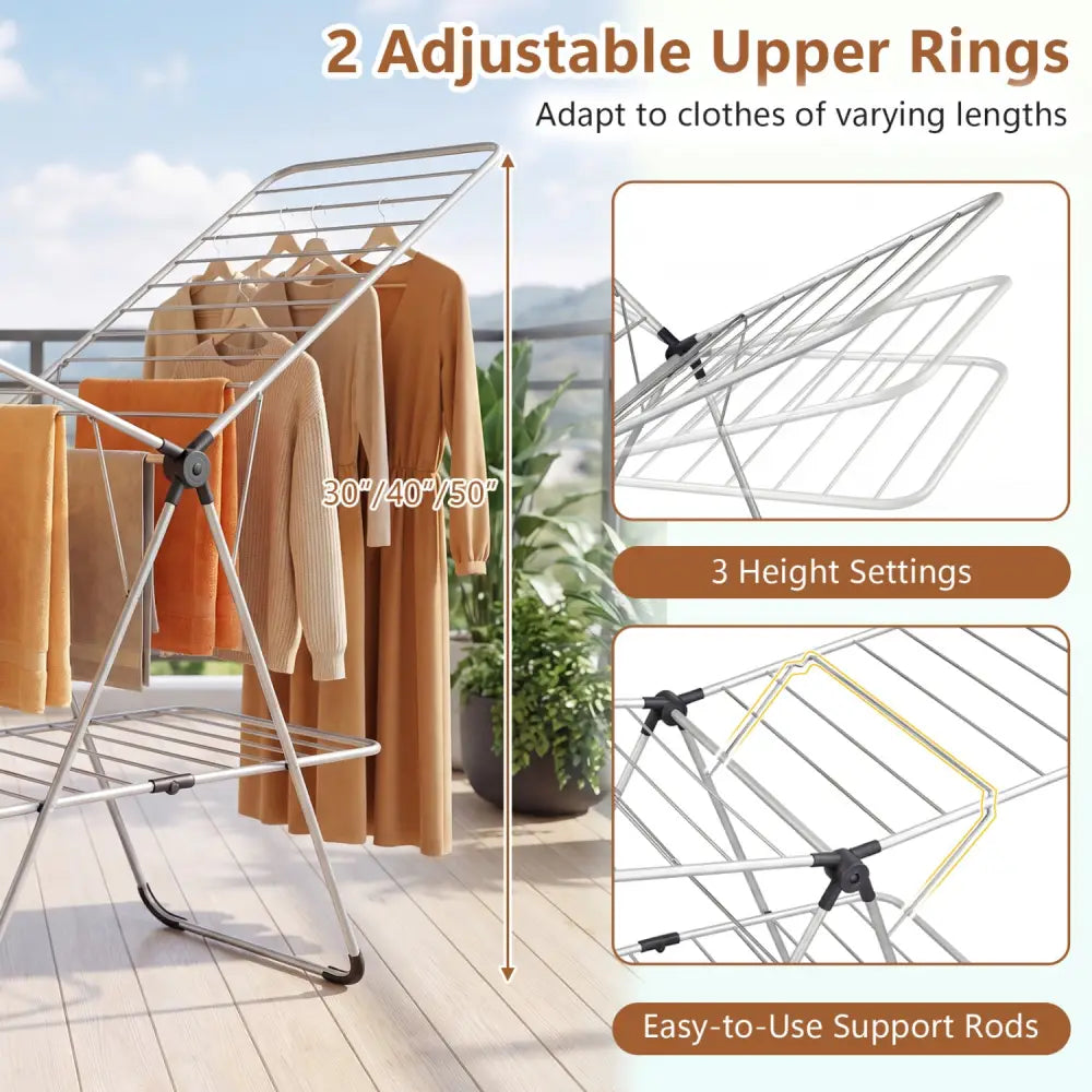 Foldable 2-Tier Clothes Drying Rack Heavy-Duty Aluminum Stainless Steel Laundry Airer - Drying Racks