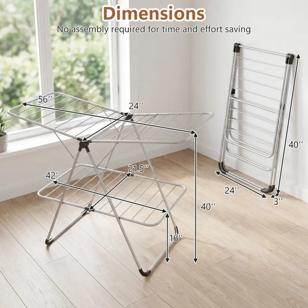 Foldable 2-Tier Clothes Drying Rack Heavy-Duty Aluminum Stainless Steel Laundry Airer - Drying Racks
