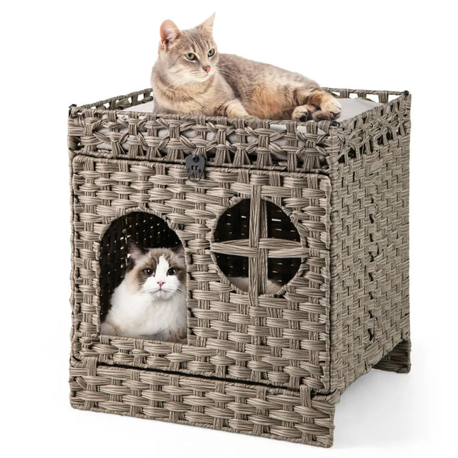 Foldable 2 - tier Rattan Cat Litter Box Enclosure with Litter Mat - Grey - Oasis Home Essentials