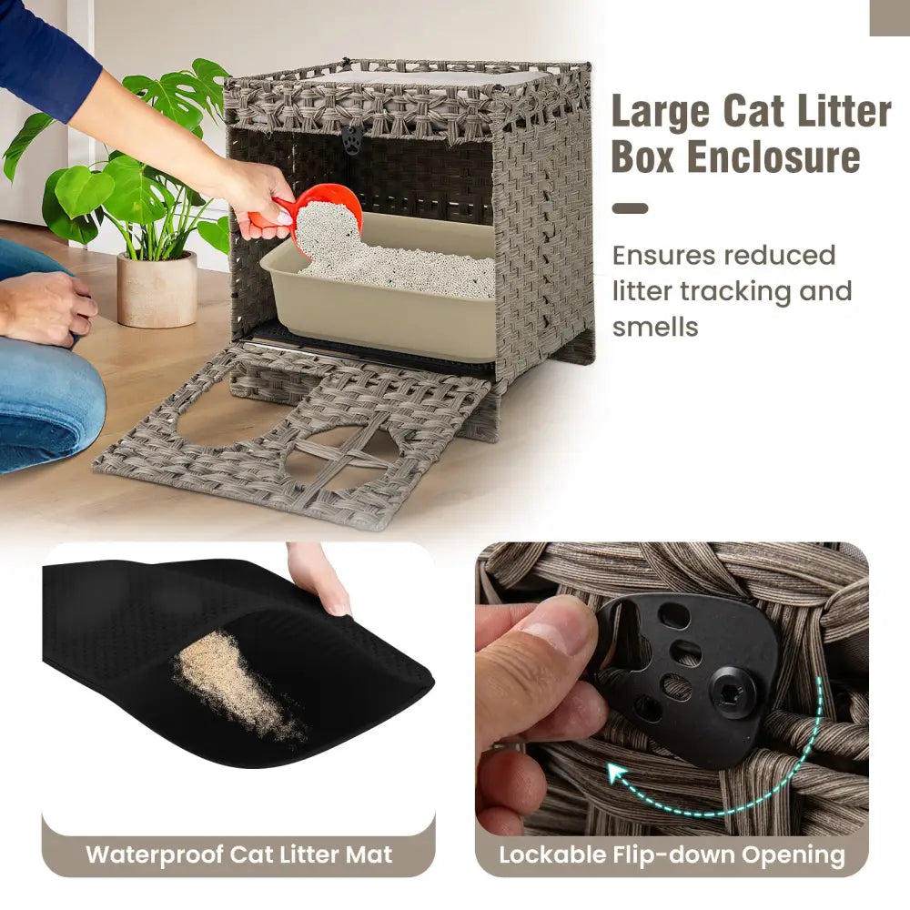 Foldable 2-tier Rattan Cat Litter Box Enclosure with Litter Mat-Grey - Gray - Cat Houses