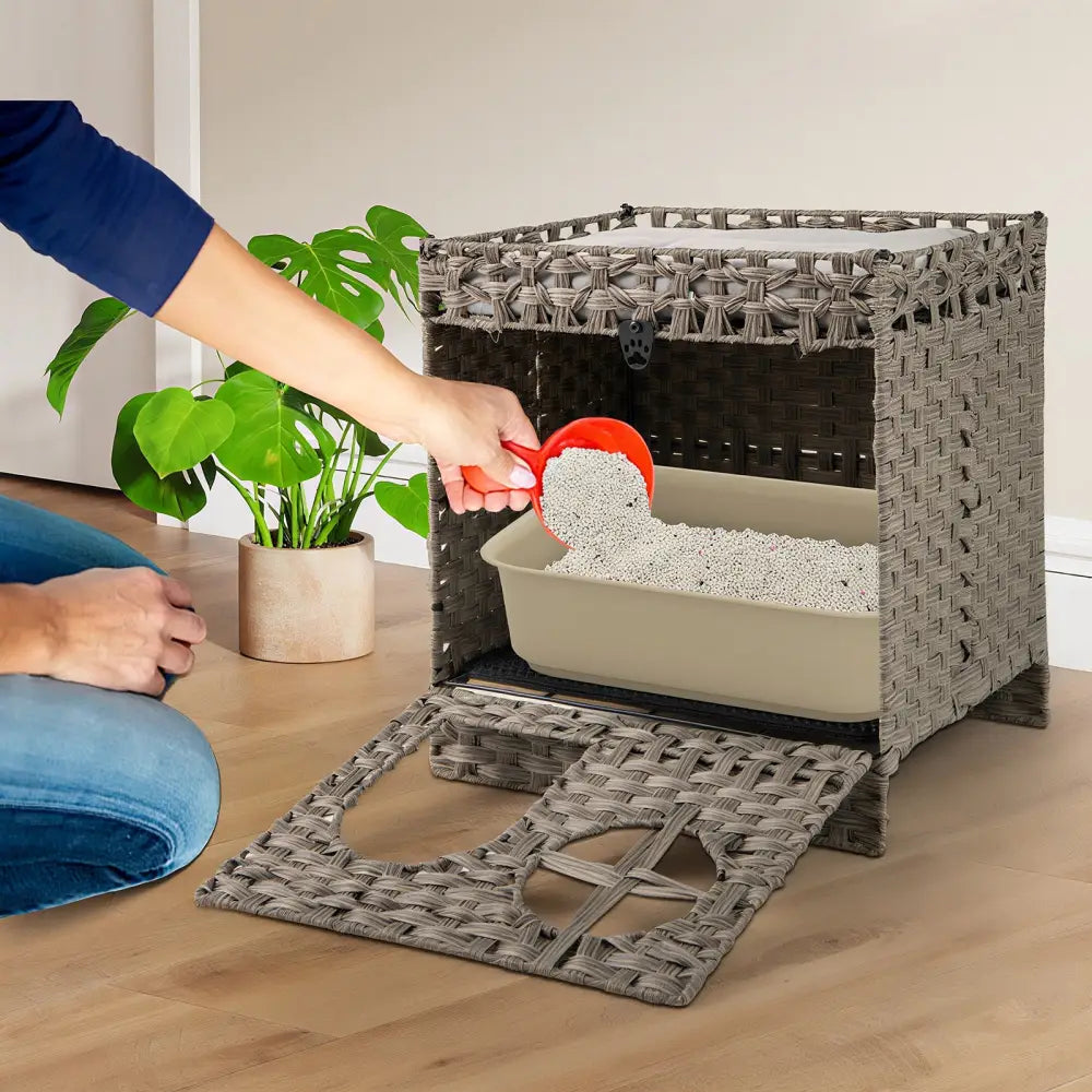 Foldable 2-tier Rattan Cat Litter Box Enclosure with Litter Mat-Grey - Gray - Cat Houses