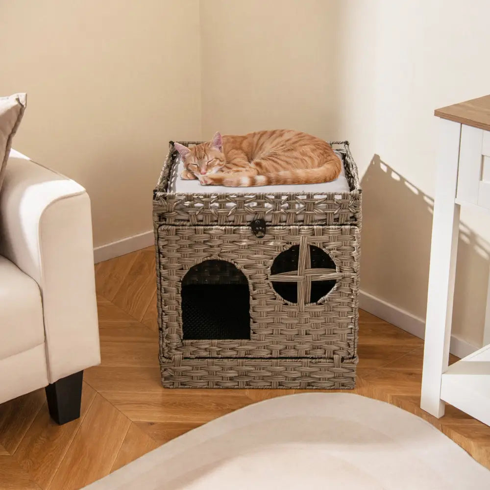 Foldable 2-tier Rattan Cat Litter Box Enclosure with Litter Mat-Grey - Gray - Cat Houses