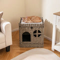 Foldable 2-tier Rattan Cat Litter Box Enclosure with Litter Mat-Grey - Gray - Cat Houses