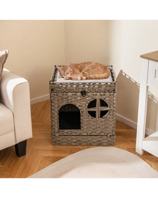 Foldable 2-tier Rattan Cat Litter Box Enclosure with Litter Mat-Grey - Gray - Cat Houses