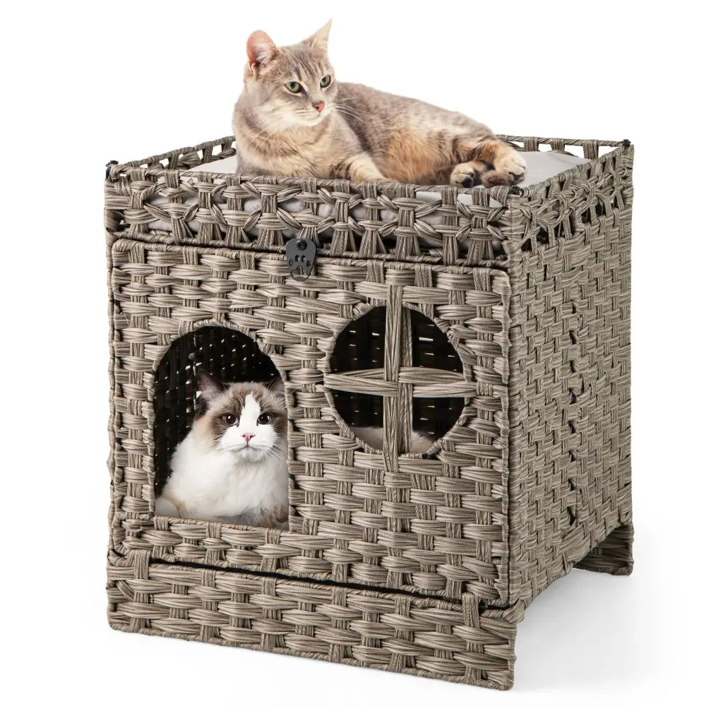 Foldable 2-tier Rattan Cat Litter Box Enclosure with Litter Mat-Grey - Gray - Cat Houses