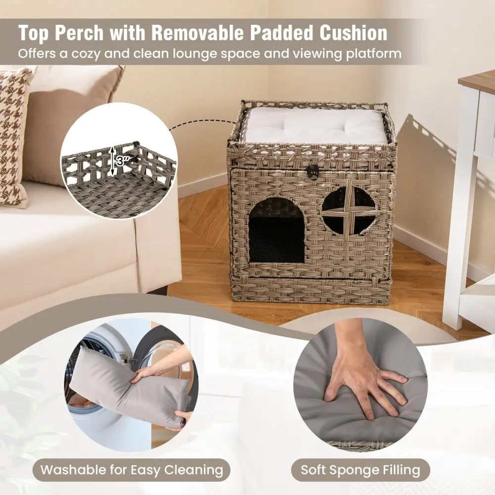 Foldable 2-tier Rattan Cat Litter Box Enclosure with Litter Mat-Grey - Gray - Cat Houses