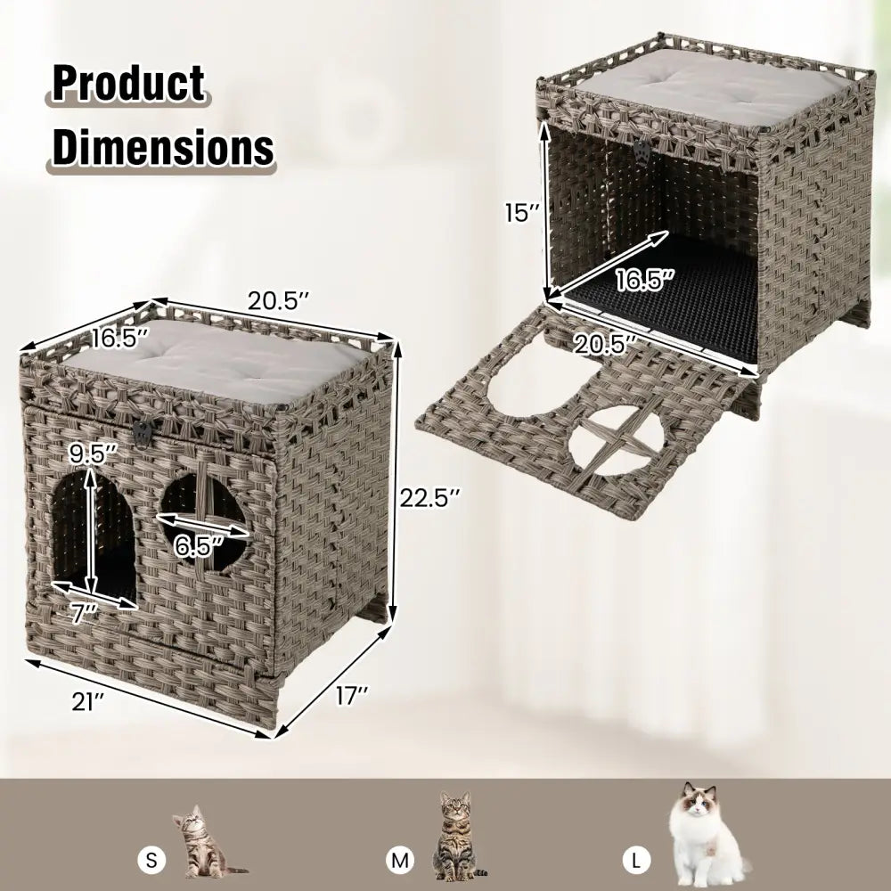Foldable 2-tier Rattan Cat Litter Box Enclosure with Litter Mat-Grey - Gray - Cat Houses