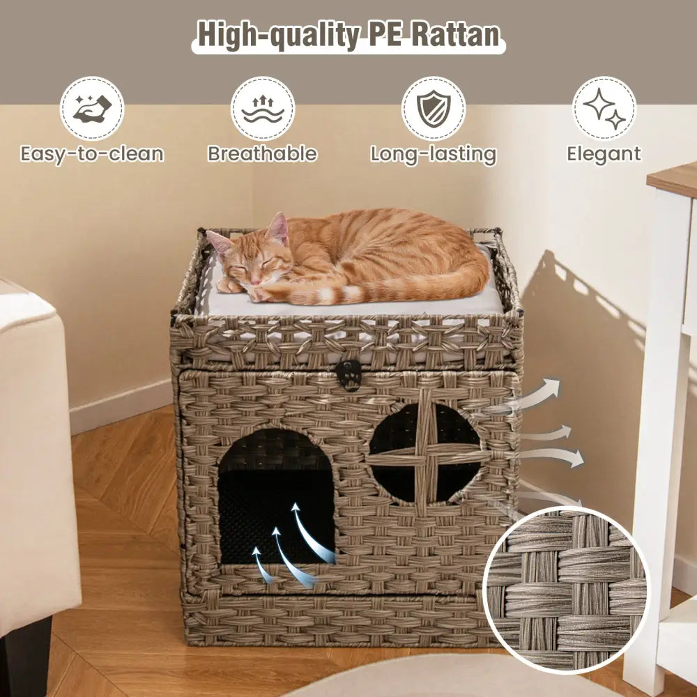 Foldable 2-tier Rattan Cat Litter Box Enclosure with Litter Mat-Grey - Gray - Cat Houses
