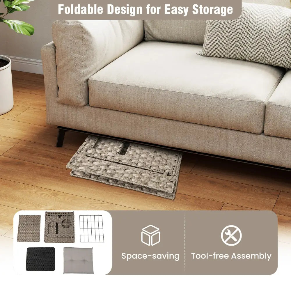 Foldable 2-tier Rattan Cat Litter Box Enclosure with Litter Mat-Grey - Gray - Cat Houses