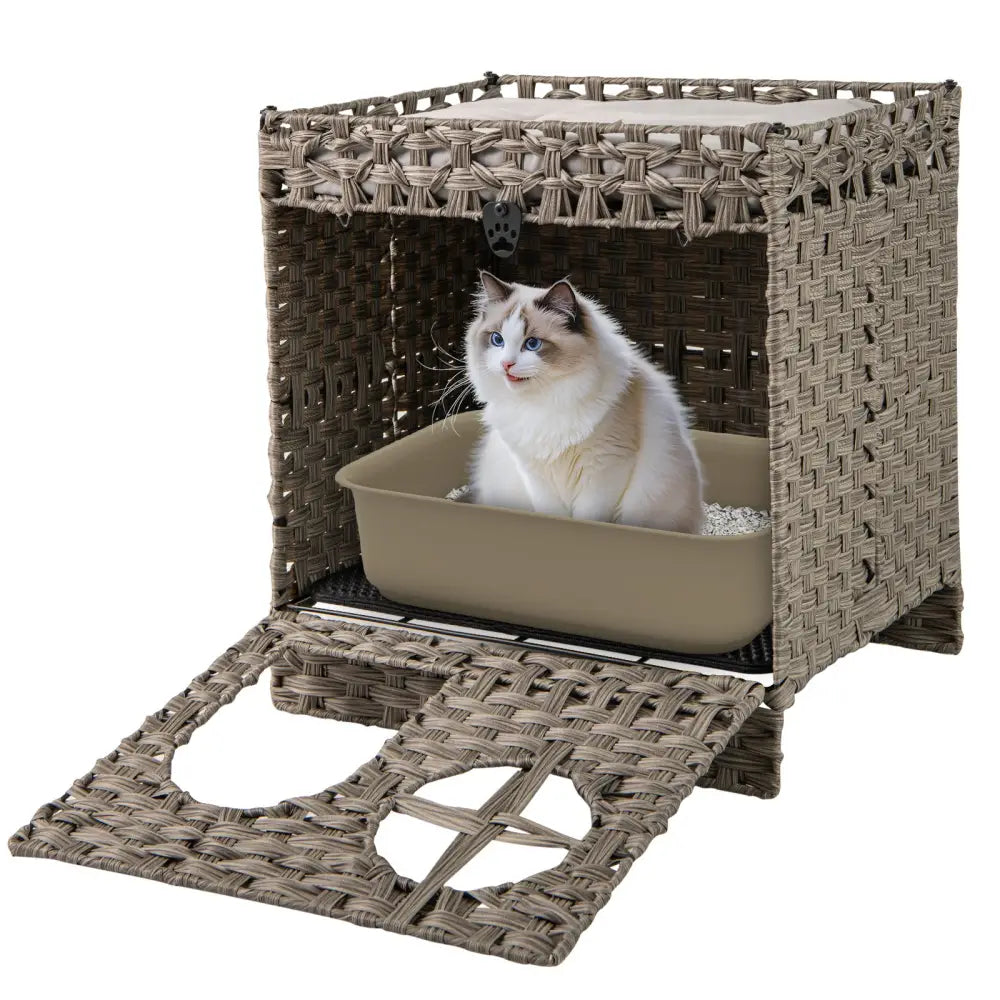 Foldable 2-tier Rattan Cat Litter Box Enclosure with Litter Mat-Grey - Gray - Cat Houses