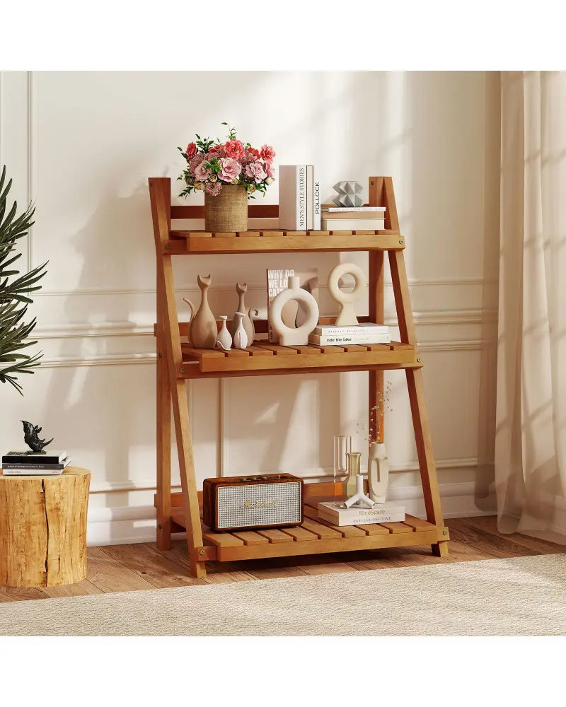 Foldable 3-Tier Solid Wood Plant Stand for Patio Balcony - Plant Stands