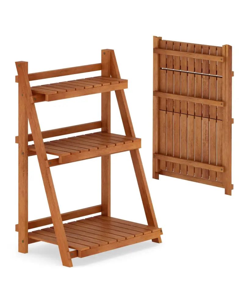 Foldable 3-Tier Solid Wood Plant Stand for Patio Balcony - Plant Stands