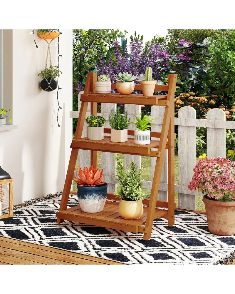 Foldable 3-Tier Solid Wood Plant Stand for Patio Balcony - Plant Stands